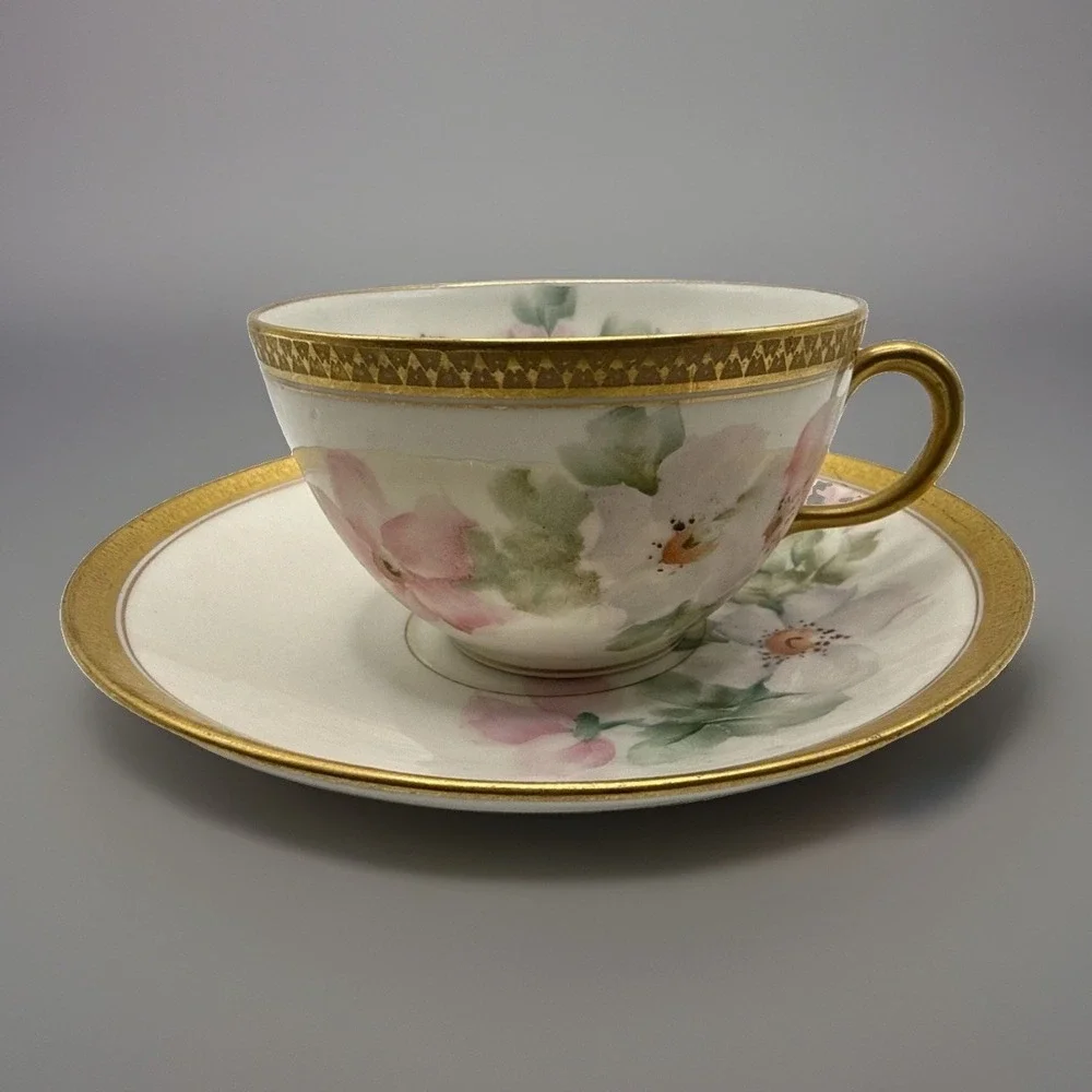 GDA France Limoges Pink Flower Teacup Coffee Cup Saucer Gold Trim Vintage France